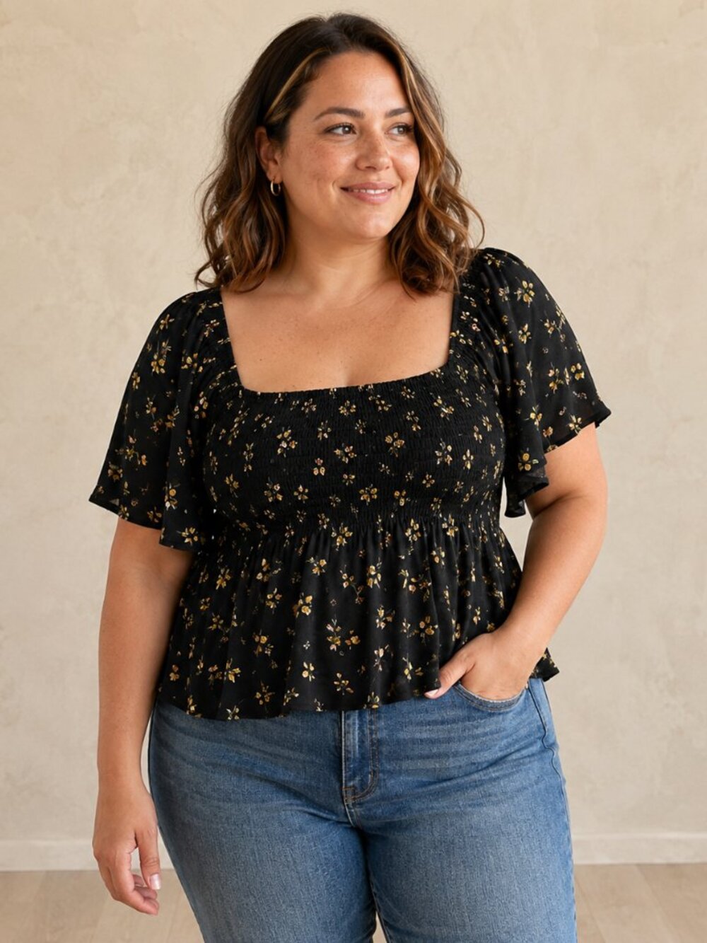 By Together top black floral smock chest butterfly sleeves size L